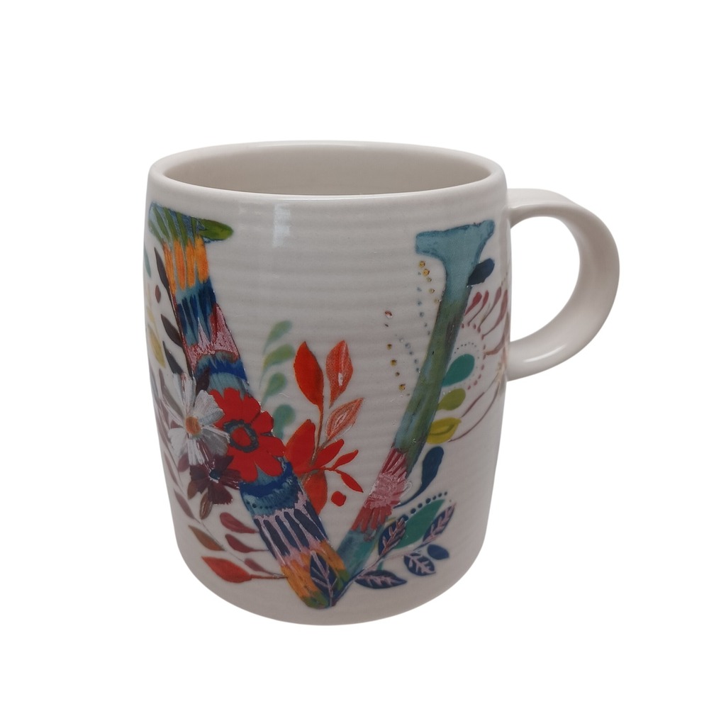Anthropologie Starla M Hoffman Monogram V Floral Ceramic Coffee Mug White 4in